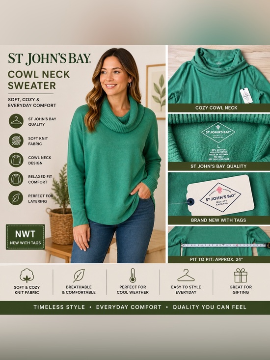 St. John's Bay Tops - St John’s Bay Sweater Womens Large Green Cowl Neck Soft Knit Pullover Cozy NWT